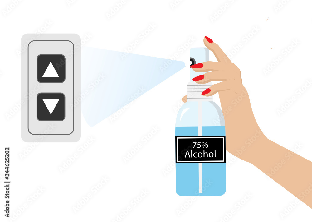 Woman hands spraying 75% Alcohol spray on elevator buttons to protect from COVID-19 corona virus spreading. Woman hands spraying 75% Alcohol spray on elevator buttons to protect from COVID-19 corona virus spreading.