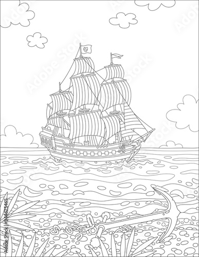 Old sailing ship with guns going under full sail in front of a tropical island with an abandoned anchor on a sand deserted beach with palm branches on a summer day, vector cartoon illustration