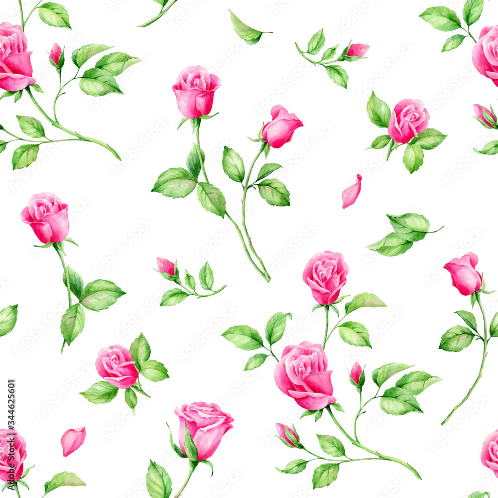 Summertime garden flowers English Roses watercolor seamless pattern. Beautiful hand drawn texture.