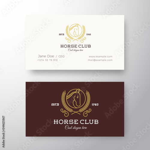 Horse Club League Abstract Vector Logo and Business Card Template. Line Style with Typography. Stallion Head in a Circle. Laurel. Premium Stationary Realistic Mock Up.