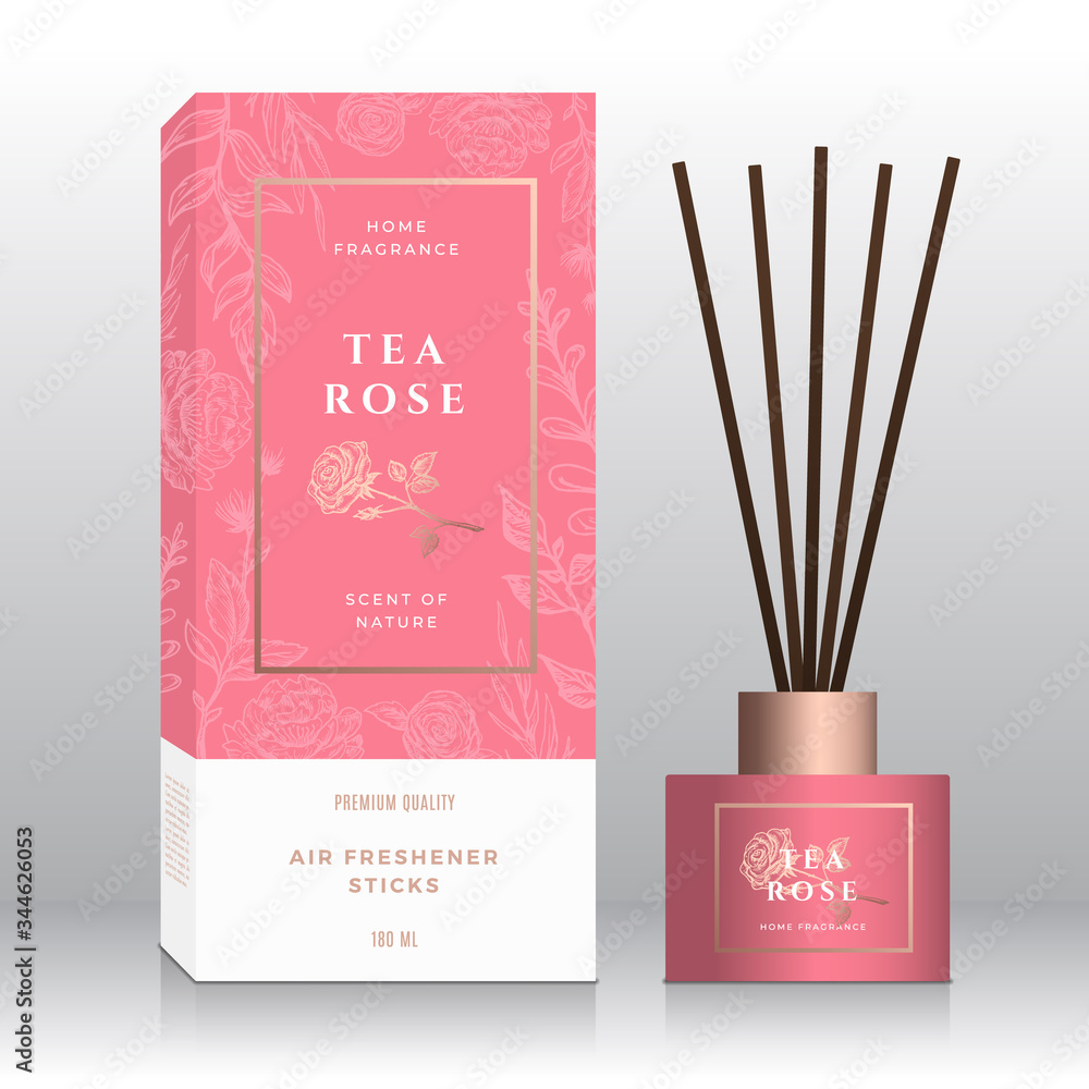 Tea Rose Home Fragrance Sticks Abstract Vector Label Box Template. Hand Drawn Sketch Flowers, Leaves Background. Retro Typography. Room Perfume Packaging Design Layout. Realistic Mockup. Tea Rose Home Fragrance Sticks Abstract Vector Label Box Template. Hand Drawn Sketch Flowers, Leaves Background. Retro Typography. Room Perfume Packaging Design Layout. Realistic Mockup.