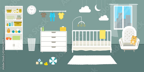 Cozy Nursery interior, baby room, flat style vector illustration template
