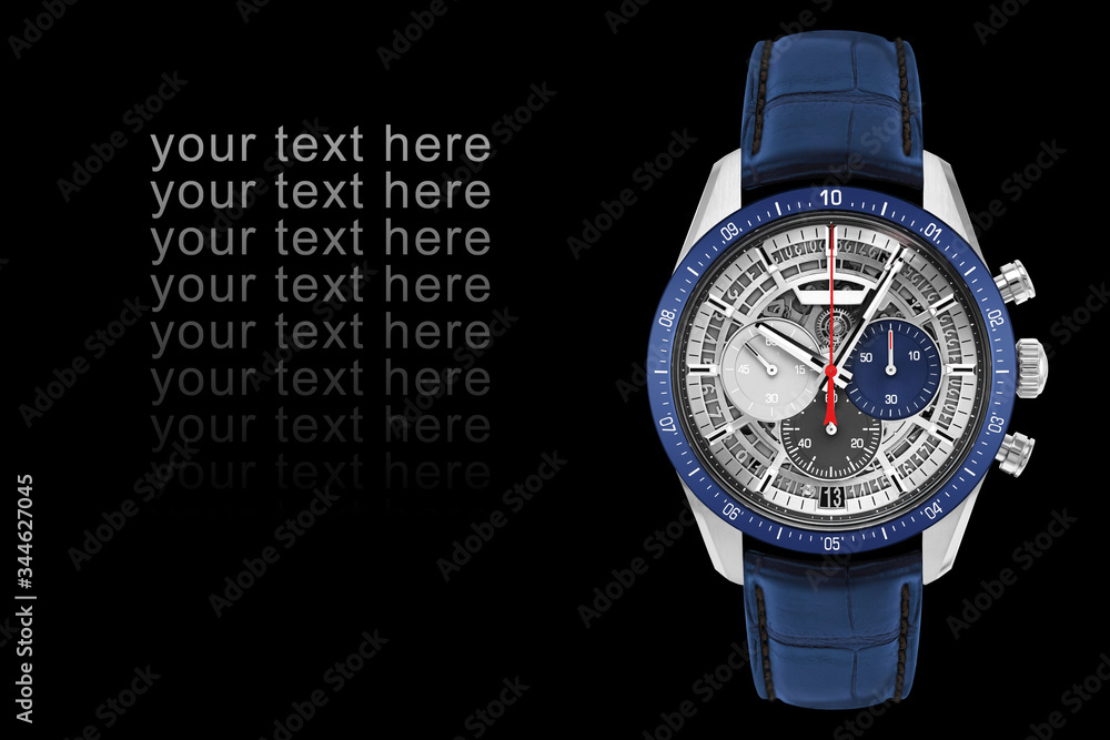 expensive luxury classic modern chronograph watch. blue crocodile strap. isolated on a black background. closeup With copyspace