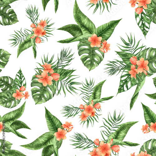 Seamless pattern with watercolor palm leaves and flowers. Pattern with tropical leaves. Watercolor summer background. Use it for packaging, wrapping, website design, wallpaper, textile, fabrics.