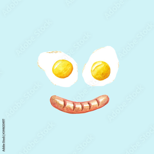 hand drawn watercolor food illustration with fried eggs and sausage. pattern, fun