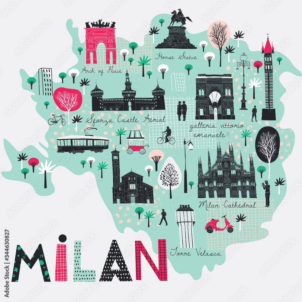 Fototapeta premium Cartoon map of Milan. Italy. Print design