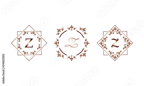 Set of elegant templates in monograms with the letter Z. Decorative ornament and identical business sign, restaurant, boutique, cafe, hotel, labels