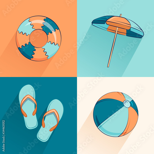 Seamless summer vector pattern. Beautiful background with beach accessories and a bouncy ball and a circle, umbrella, slippers, ball .