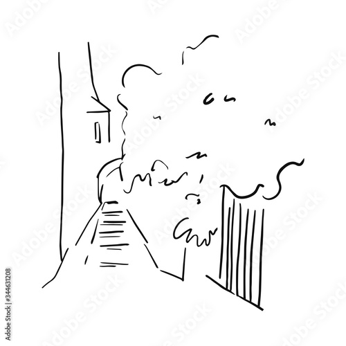 Old town minimalist sketch on the white background. Narrow street vector illustration. Simple city line art