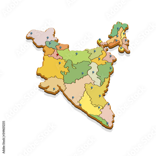 Isometric 3D map of the India with regions. Isolated political country map in perspective with administrative divisions and pointer marks. Detailed map of India. Concept for infographic.Vector EPS 10.