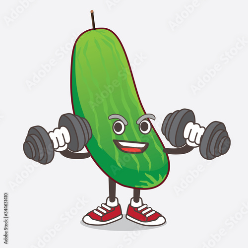 Cucumber cartoon mascot character on fitness exercise trying barbells