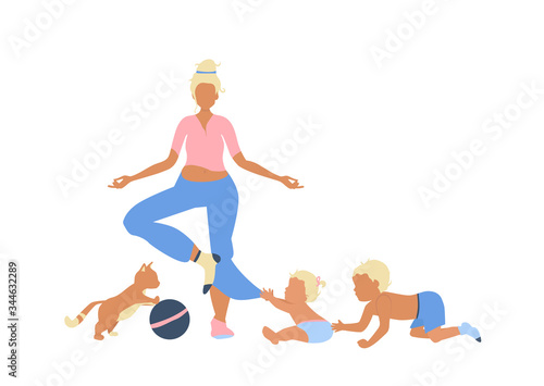 Tired and depressed single mom try save mental health and relax in yoga asana during coronavirus lockdown. Staying home with two active children playing with her pants and cute kitten. Isolated, flat.
