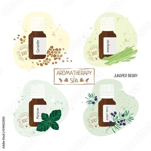 Set with essential oils of coriander, lemongrass, marjoram, juniper berry hand drawn. Aromatherapy and Spa stamp on white background for alternative medicine. Labels on products. Vector illustration