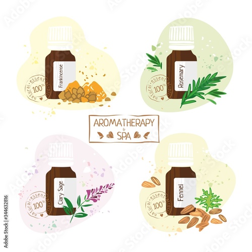 Set with essential oils of fennel, rosemary, clary sage hand drawn. Aromatherapy and Spa stamp on white background for alternative medicine. Labels on products. Cute cartoon vector illustration