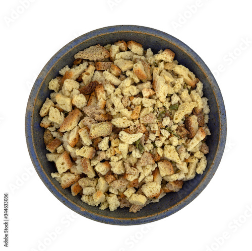 Photography Bowl of stovetop stuffing on a white background