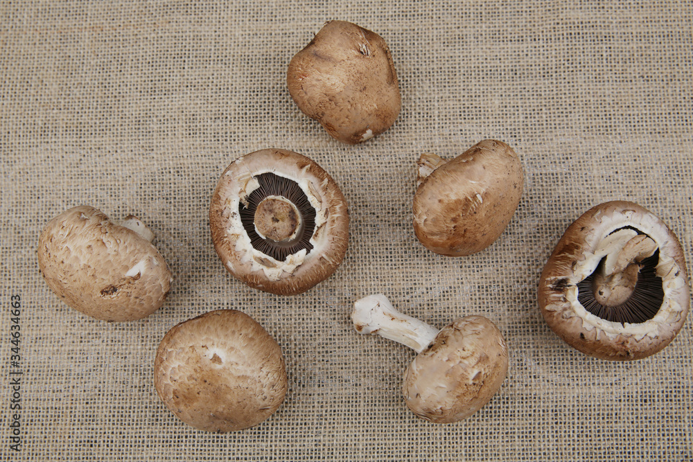 Flat lay fresh organic brown mushrooms champignon on a burlap. Top view. Flat lay fresh organic brown mushrooms champignon on a burlap. Top view.