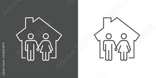 Concepto vivienda familiar. Icono plano lineal hombre y mujer en casa en fondo gris y fondo blanco