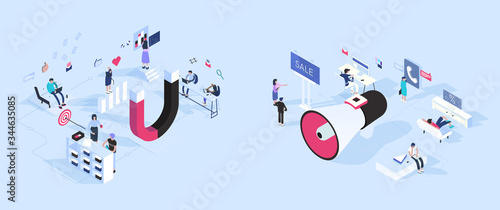 Inbound vs outbound marketing concept vector illustration in isometric design. Magnet and megaphone attract customers by different ways. Isolated objects on background.