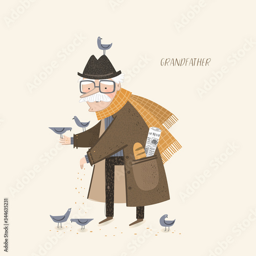 Cute grandfather. Vector illustration of a cheerful and funny elderly man in a coat and hat in autumn or spring on the street feeds the birds. Character drawing for postcard
