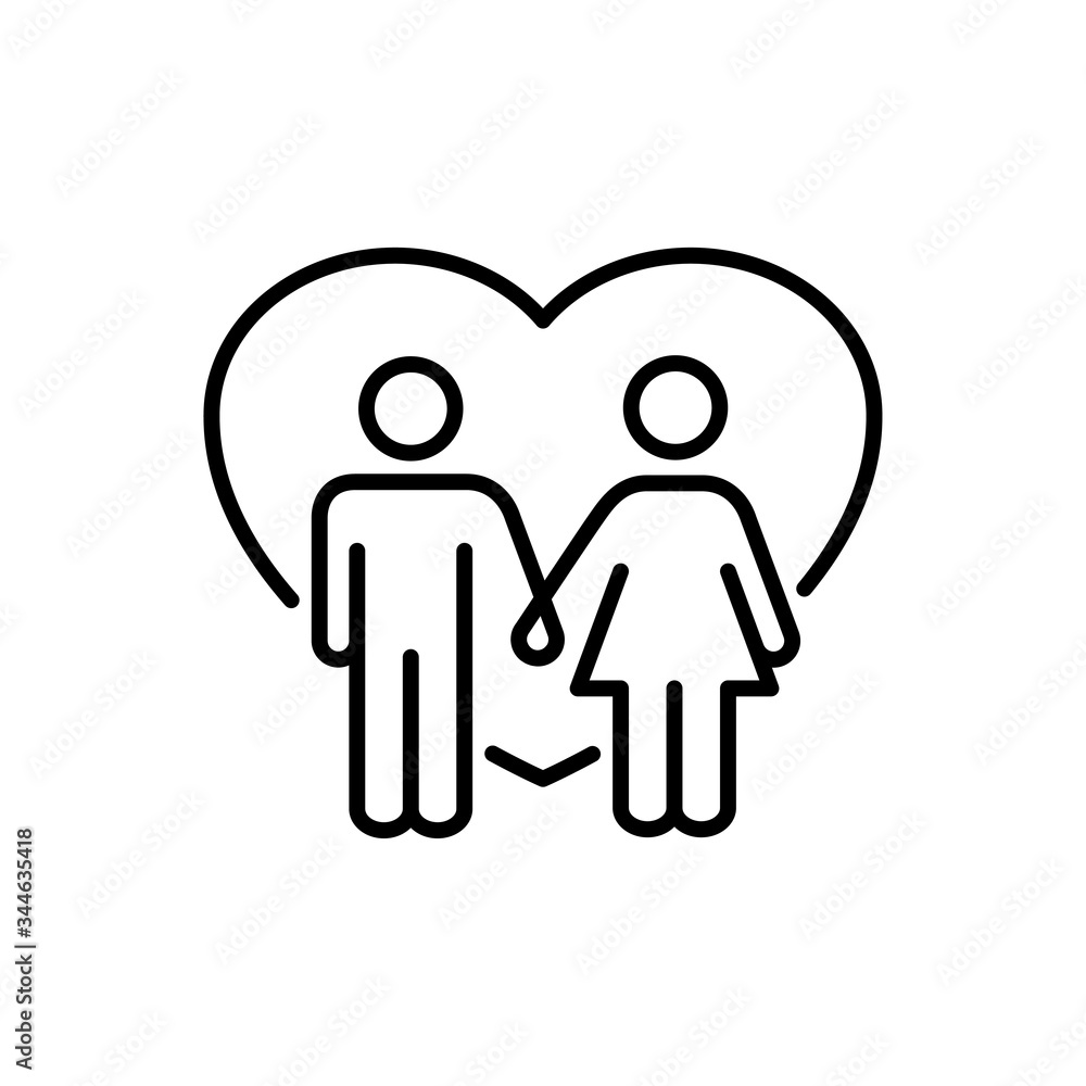 Día de san Valentín. Pareja cogidos de la mano. Icono plano lineal hombre y mujer de la mano con corazón en color negro Día de san Valentín. Pareja cogidos de la mano. Icono plano lineal hombre y mujer de la mano con corazón en color negro