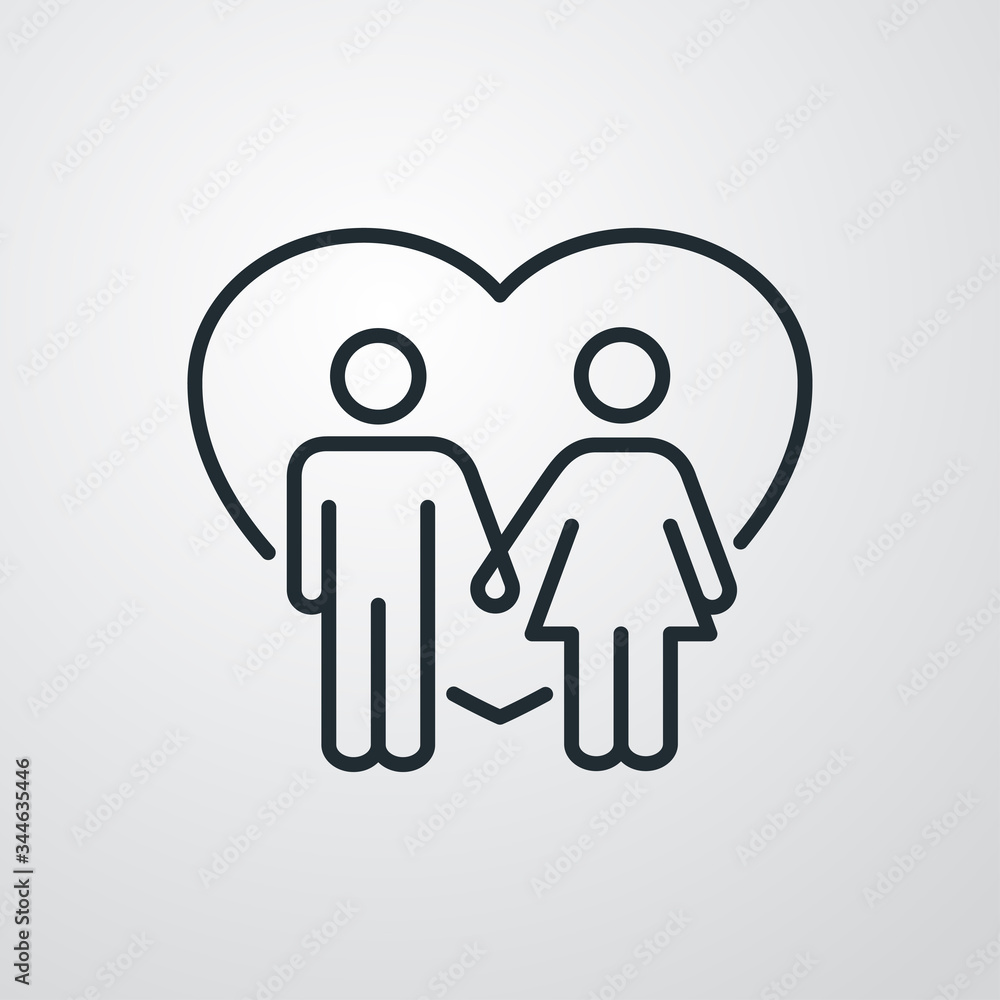 Día de san Valentín. Pareja cogidos de la mano. Icono plano lineal hombre y mujer de la mano con corazón en fondo gris Día de san Valentín. Pareja cogidos de la mano. Icono plano lineal hombre y mujer de la mano con corazón en fondo gris