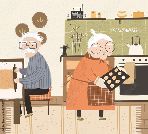 Grandparents stay at home on quarantine self-isolation. Vector cute illustration of grandmother in the kitchen bakes cookies and helping grandfather. Character drawing for postcard or c