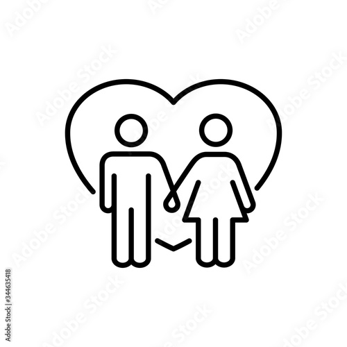 Día de san Valentín. Pareja cogidos de la mano. Icono plano lineal hombre y mujer de la mano con corazón en color negro