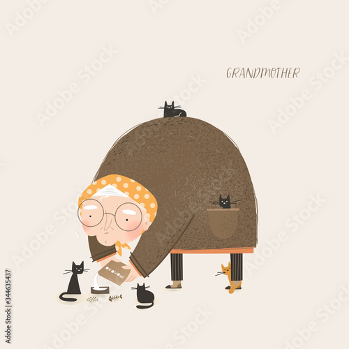 Cute grandmother. Vector illustration of a funny character of an elderly woman feeding cats and pets.
Cheerful drawing for postcards
