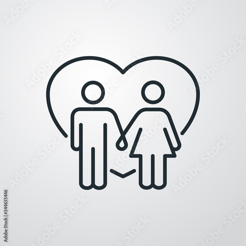 Día de san Valentín. Pareja cogidos de la mano. Icono plano lineal hombre y mujer de la mano con corazón en fondo gris