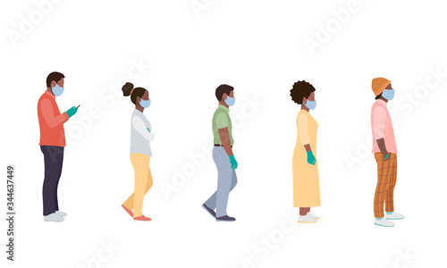 African Americans people stand queue. Full length of cartoon sick people in medical masks and gloves standing in line against at a safe distance. flat vector illustration