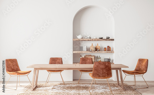 Interior design of modern dining room with orange furniture and wooden table, Scandinavian style