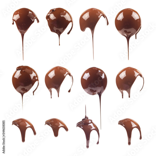 Liquid chocolate on the shape of a ball. Sweet dark chocolate drips. Melted chocolate coating. Ganache, icing, frosting, sauce. Chocolate set isolated on a white background.