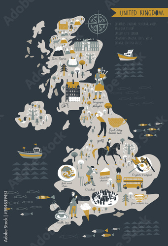 Cartoon Map of United Kingdom with Legend Icons