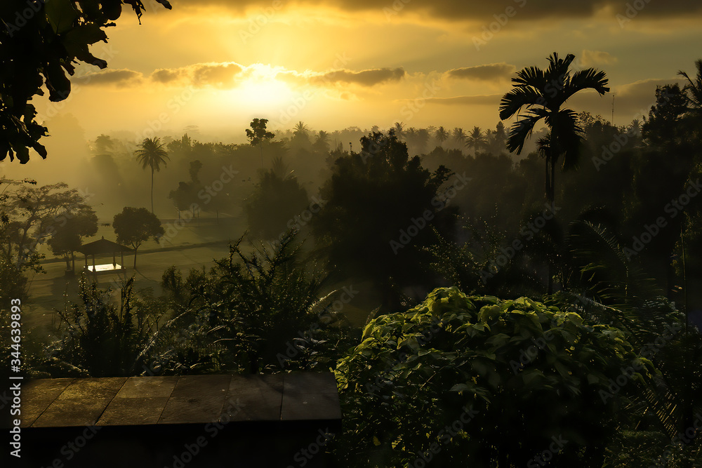 Sunset with jungle view. Borobudur in Central Java, Indonesia