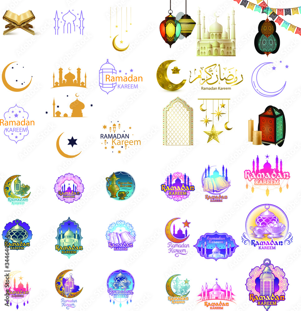 Set of emblems for Islamic holy Ramadan traditions. Ramadan greeting. Best badges set for your design. Easy for edit and use. Vector design set for Ramadan Kareem.
