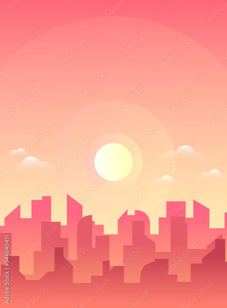 Morning, day city skyline landscape, town buildings in different time and urban cityscape town sky. Daytime cityscape. Architecture silhouette downtown vector background. Flat design