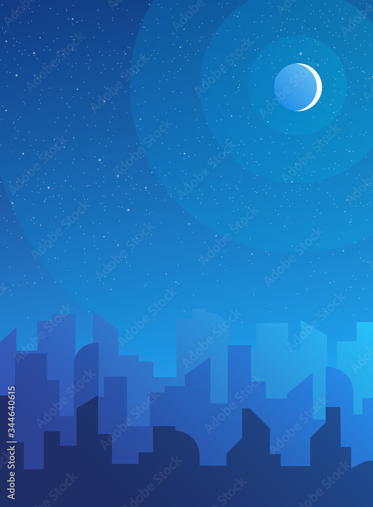 Night city skyline landscape, town buildings in nighttime and urban cityscape town sky. Daytime cityscape. Architecture silhouette of downtown vector background. Flat design
