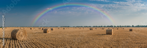 Obraz na plátně Landscape with haystacks on field and rainbow
