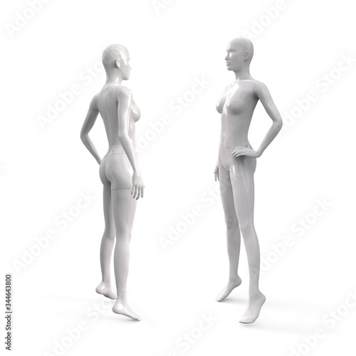 Female mannequin in white. Set from the side view. Plastic mannequin for clothes and shop window decoration. 3d illustration isolated on a white background.