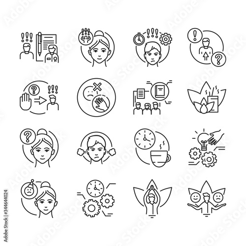 Self control black line icons set. Ability to regulate one's emotions, thoughts, and behavior in the face of temptations Pictogram for web page, mobile app, promo. Editable stroke