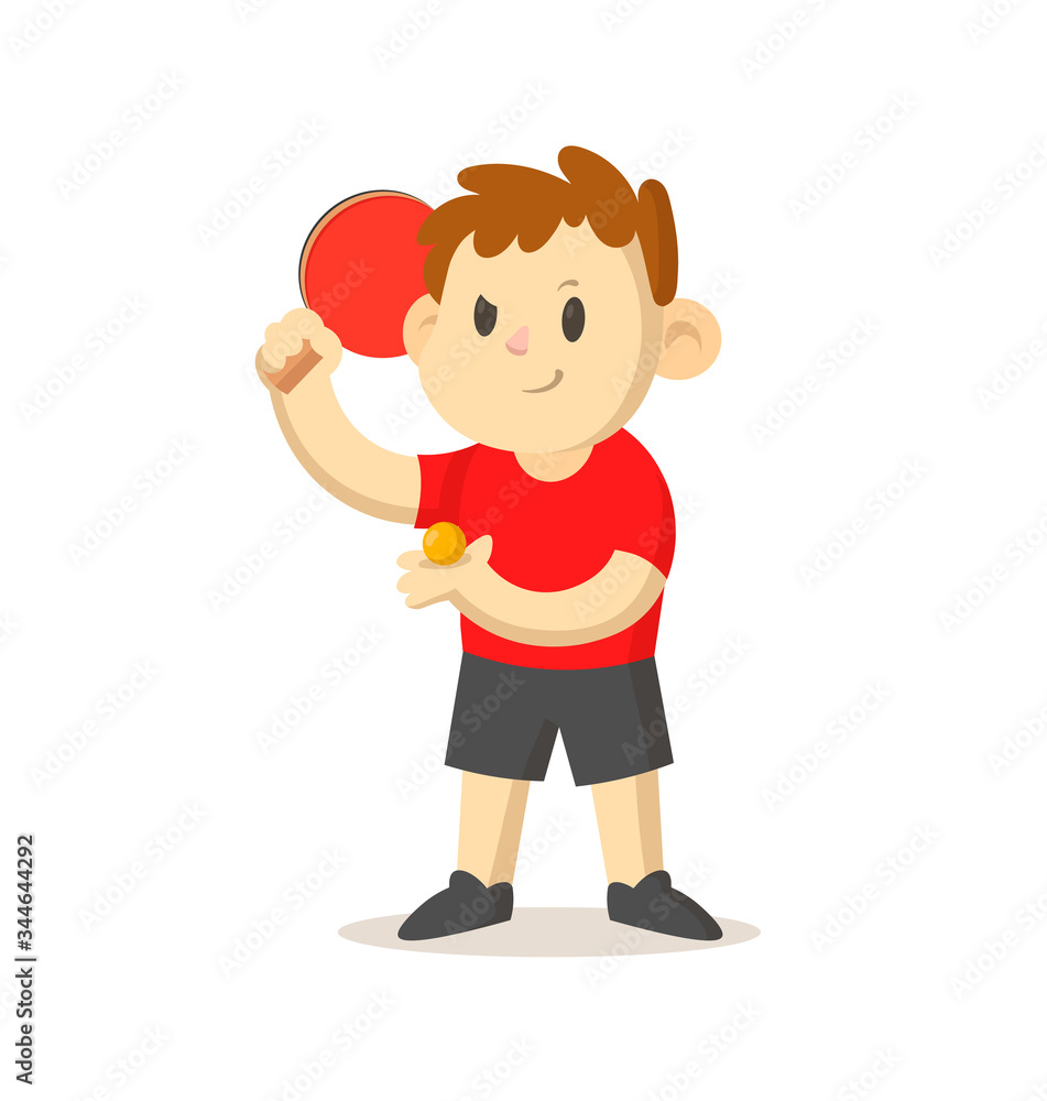 Young table tennis player with a racket standing. Sport and fitness. Colorful cartoon flat vector illustration. Isolated on white background.