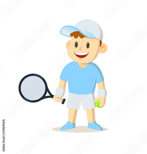 Young tennis player with a racket standing. Sport and fitness. Colorful cartoon flat vector illustration. Isolated on white background.