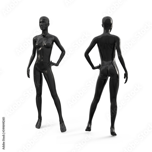 Black plastic female mannequin for clothes. Commercial equipment for shop windows. Front and back view. 3d illustration isolated on a white background.