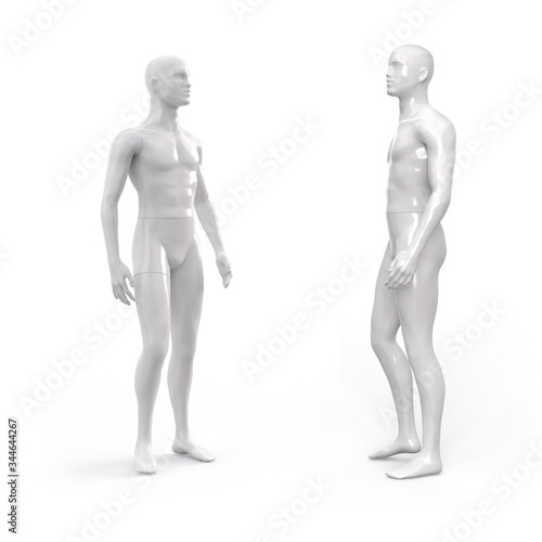 Male mannequin in white. Set from the side view. Plastic mannequin for clothes and shop window decoration. 3d illustration isolated on a white background.