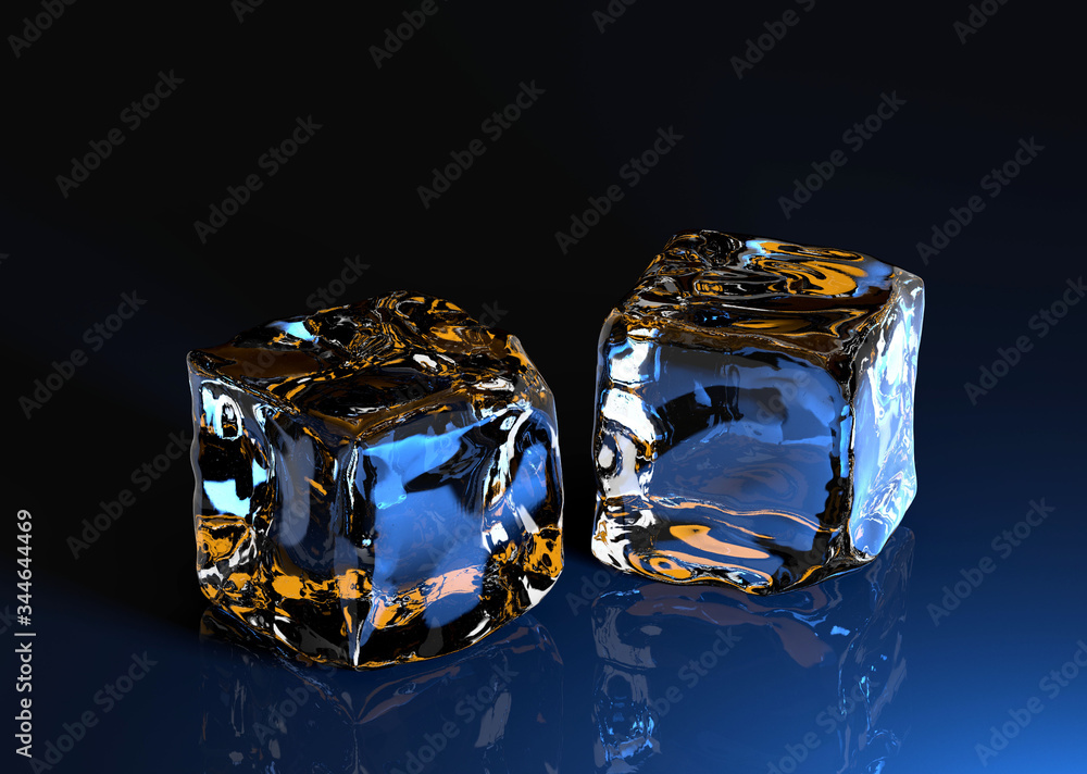 Φωτογραφία 3d render of ice cubes on black background and blue light