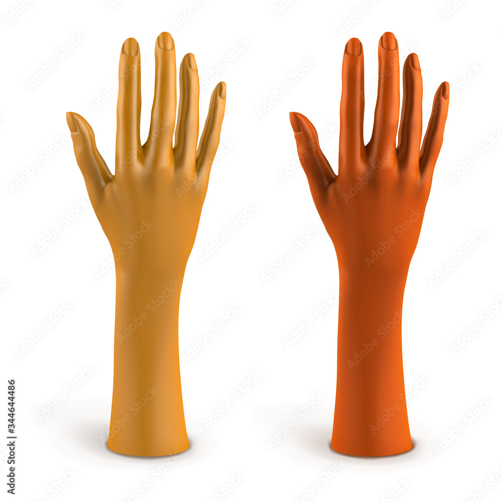 Mannequin of standing female hands. Plastic holder for jewelry in gold and bronze colors. Vector 3d realistic illustration isolated on white background.