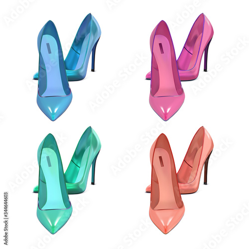 Set of pastel color women's pumps. A pair of fashionable classic high-heeled shoes in pink, blue, mint, beige color. Vector 3d realistic illustration isolated on white background.