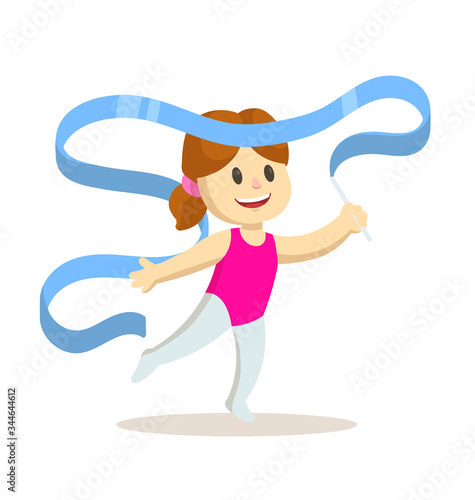 Little girl exercising with gymnastic ribbon. Children sport, training. Colorful flat vector illustration. Isolated on white background.