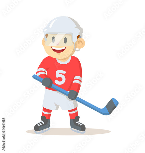 Smiling hockey player cartoon character. Colorful flat vector illustration, isolated on white background.