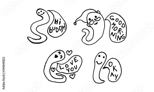 Illustration of a colorful earthworm expressing its thoughts. black white illustration © Ангелина